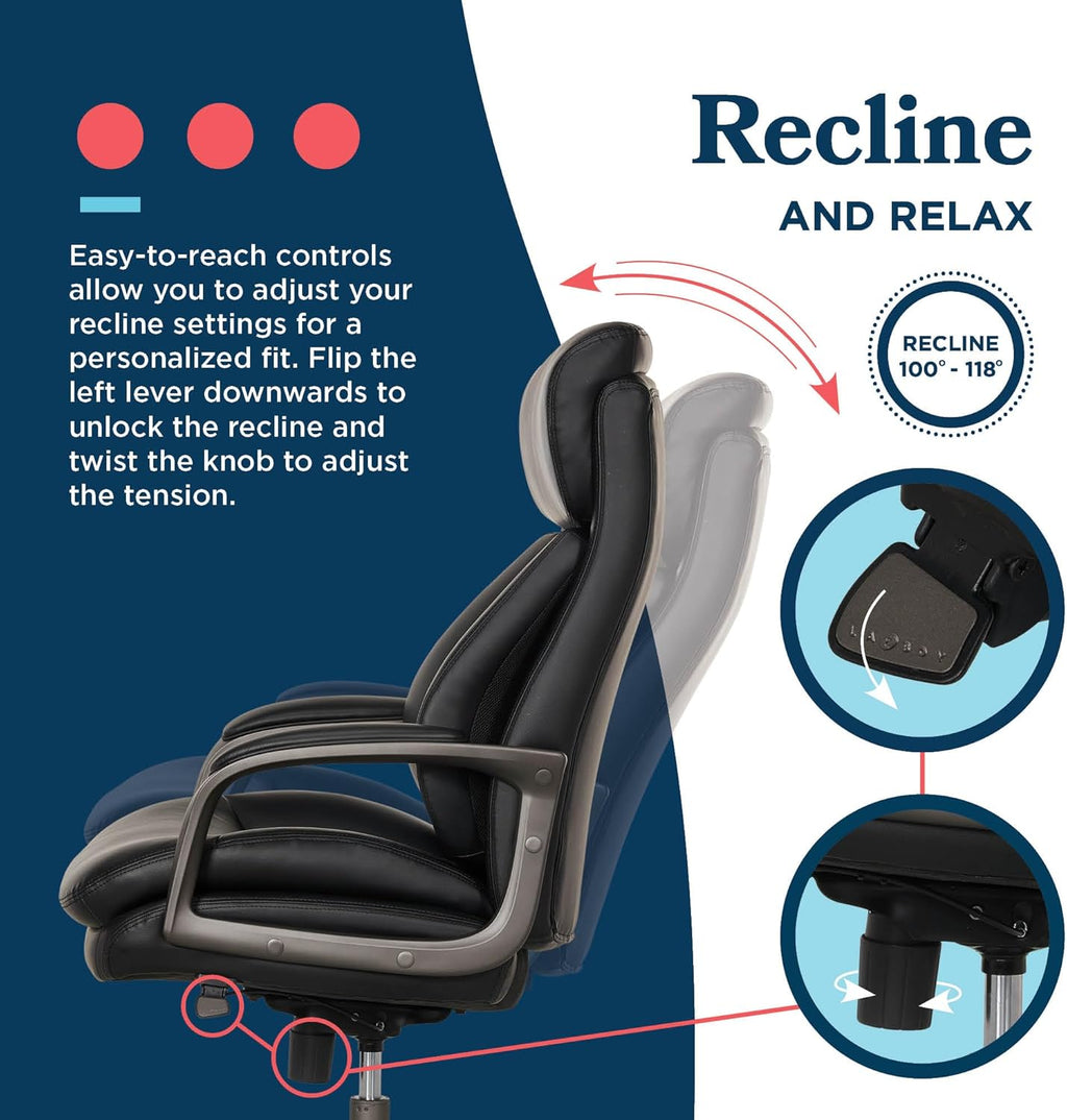 La-Z-Boy Nova Executive Office Chair - Ergonomic High Back Desk Chair with AIR Lumbar Support - Comfortable Computer Chair for Home Office - Vegan Leather - Black