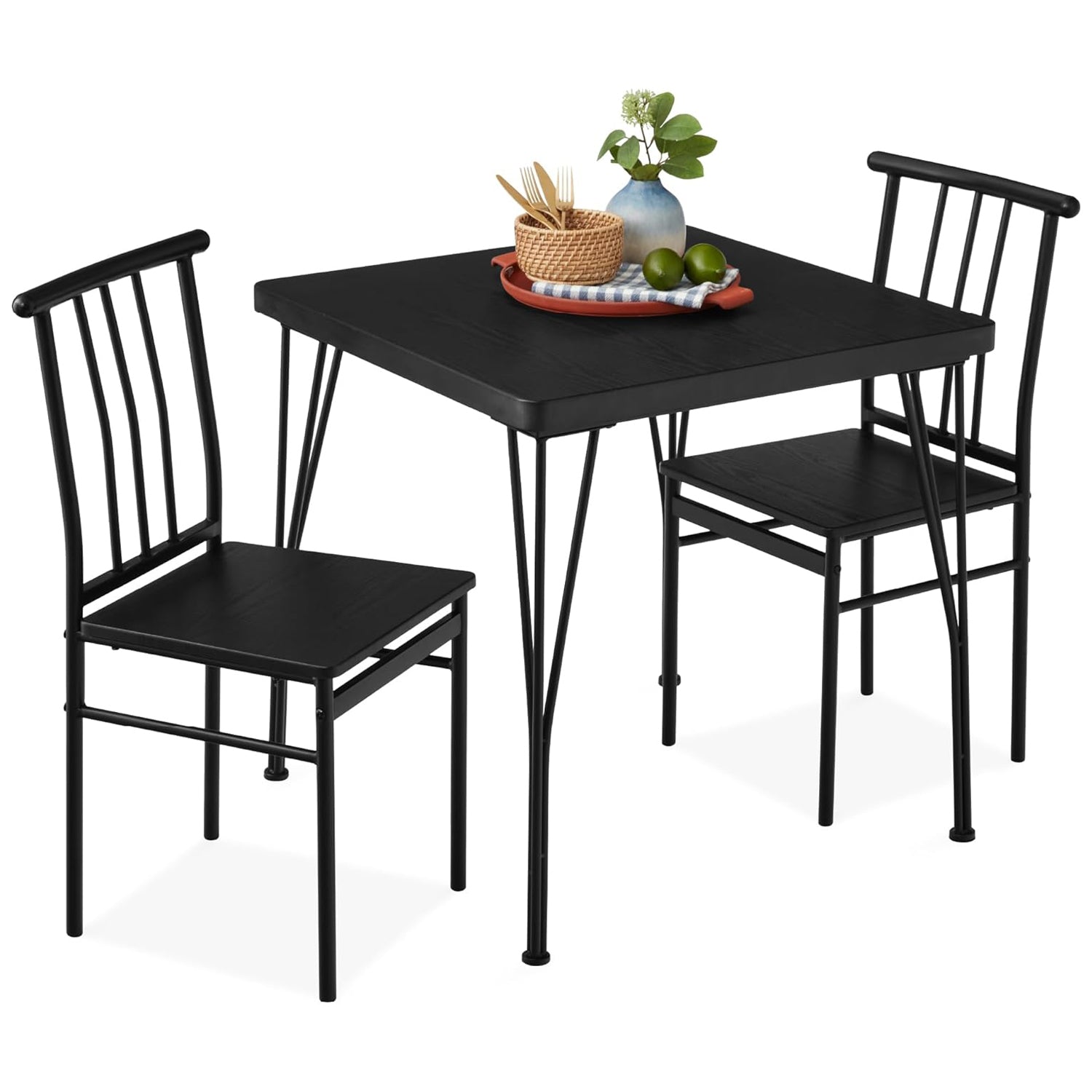 3-Piece Dining Set Modern Dining Table Set, Metal and Wood Square Dining Table w/ 2 Chairs