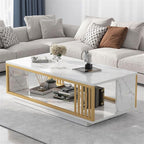 White Marble Veneer Coffee Table, 2 Tier Rectangular Coffee Table with Gold Frame Contemporary Center Table Waiting Area Table Sofa End Table for Living Room