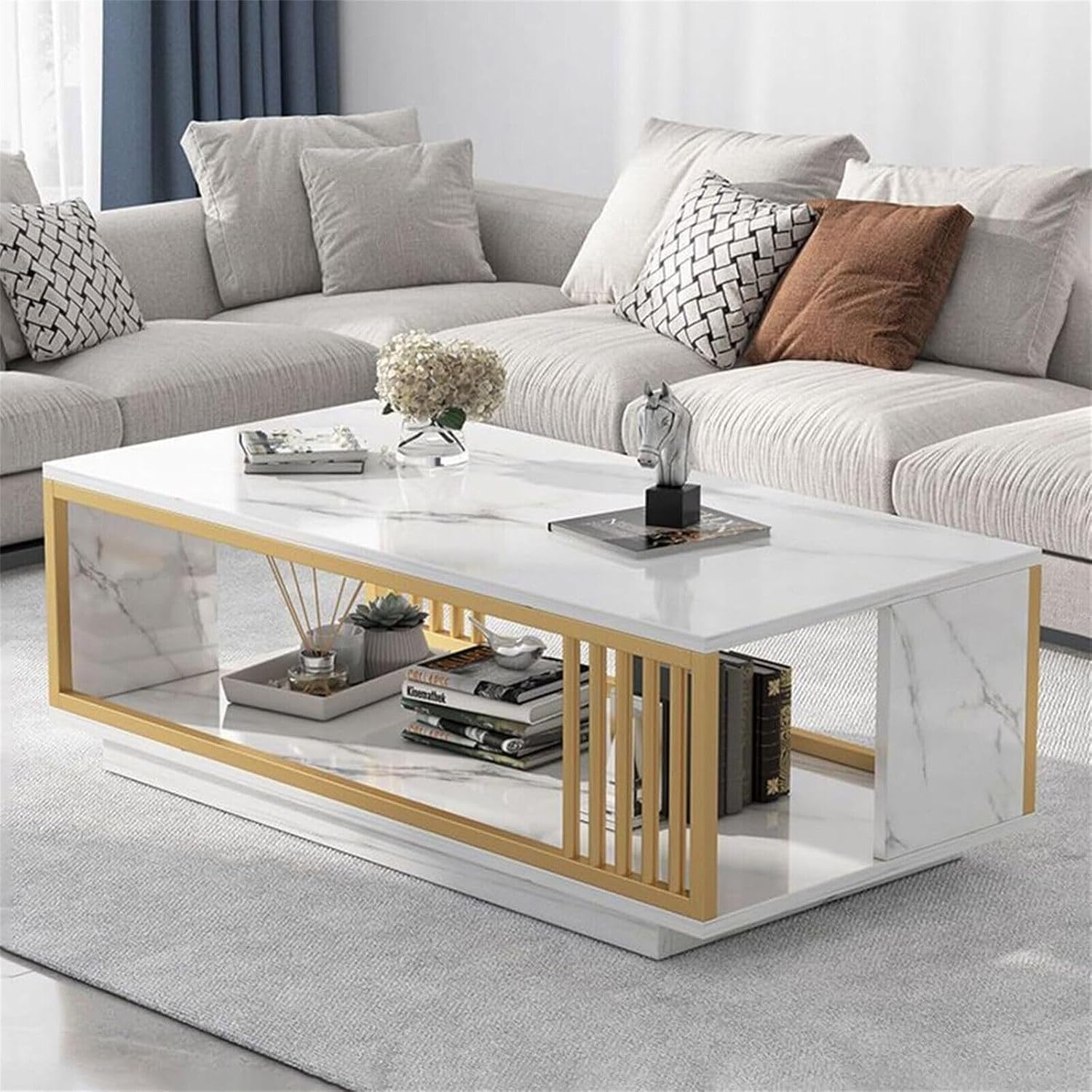 White Marble Veneer Coffee Table, 2 Tier Rectangular Coffee Table with Gold Frame Contemporary Center Table Waiting Area Table Sofa End Table for Living Room