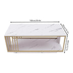 White Marble Veneer Coffee Table, 2 Tier Rectangular Coffee Table with Gold Frame Contemporary Center Table Waiting Area Table Sofa End Table for Living Room