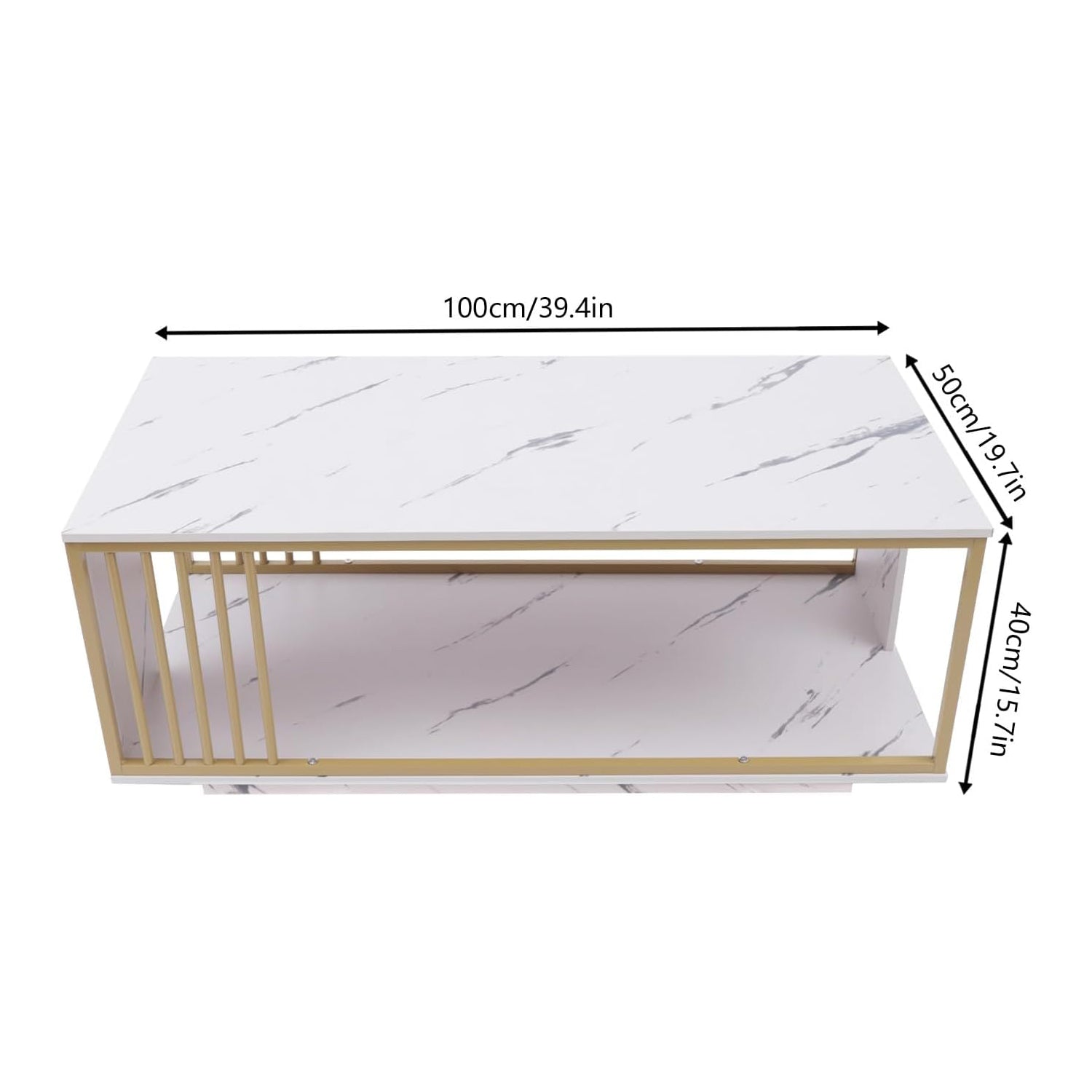 White Marble Veneer Coffee Table, 2 Tier Rectangular Coffee Table with Gold Frame Contemporary Center Table Waiting Area Table Sofa End Table for Living Room