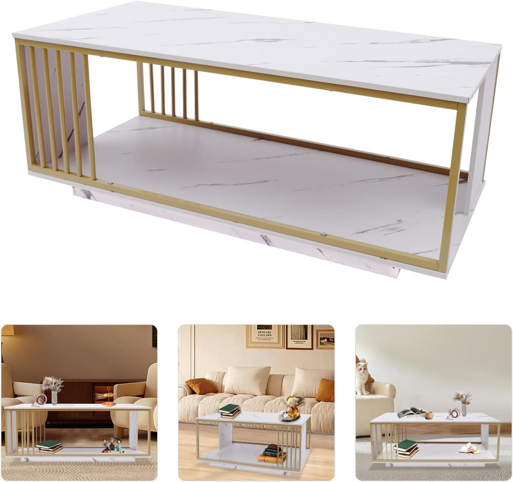 White Marble Veneer Coffee Table, 2 Tier Rectangular Coffee Table with Gold Frame Contemporary Center Table Waiting Area Table Sofa End Table for Living Room