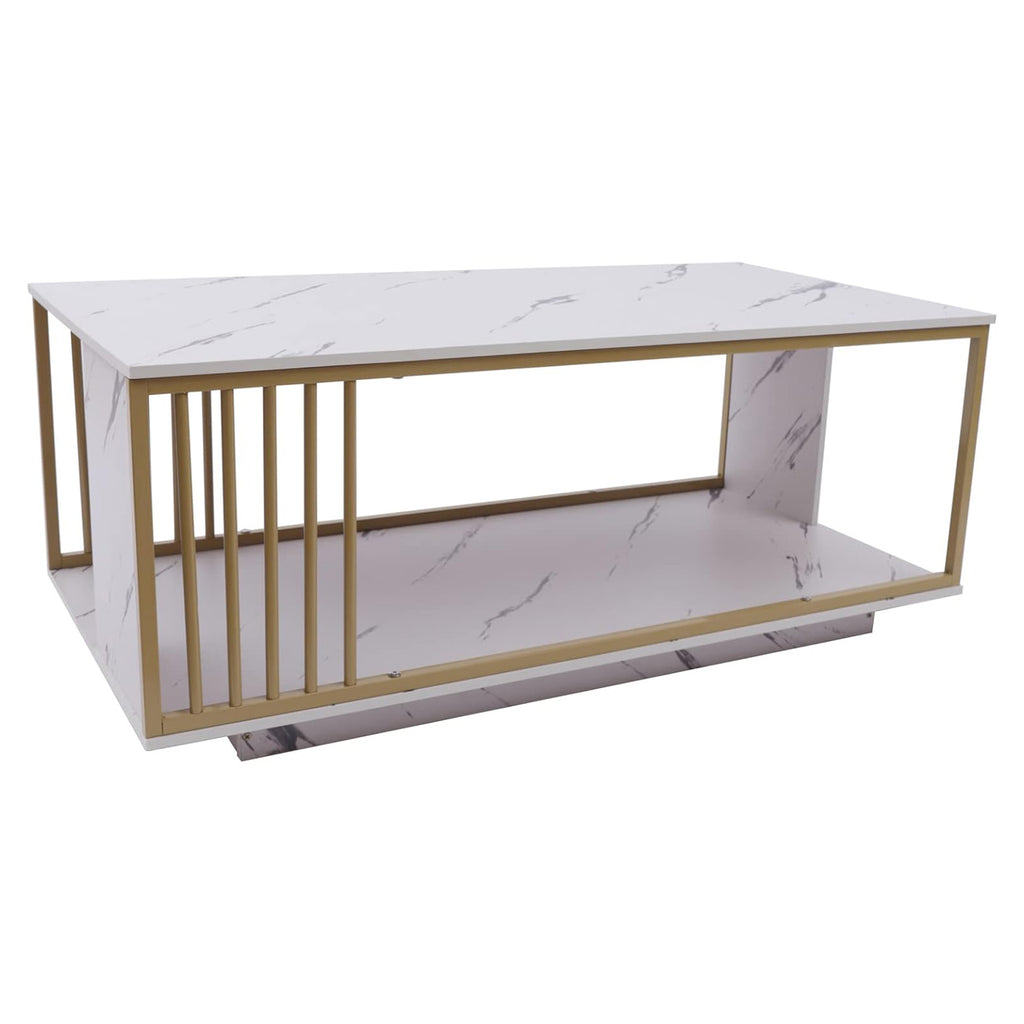 White Marble Veneer Coffee Table, 2 Tier Rectangular Coffee Table with Gold Frame Contemporary Center Table Waiting Area Table Sofa End Table for Living Room