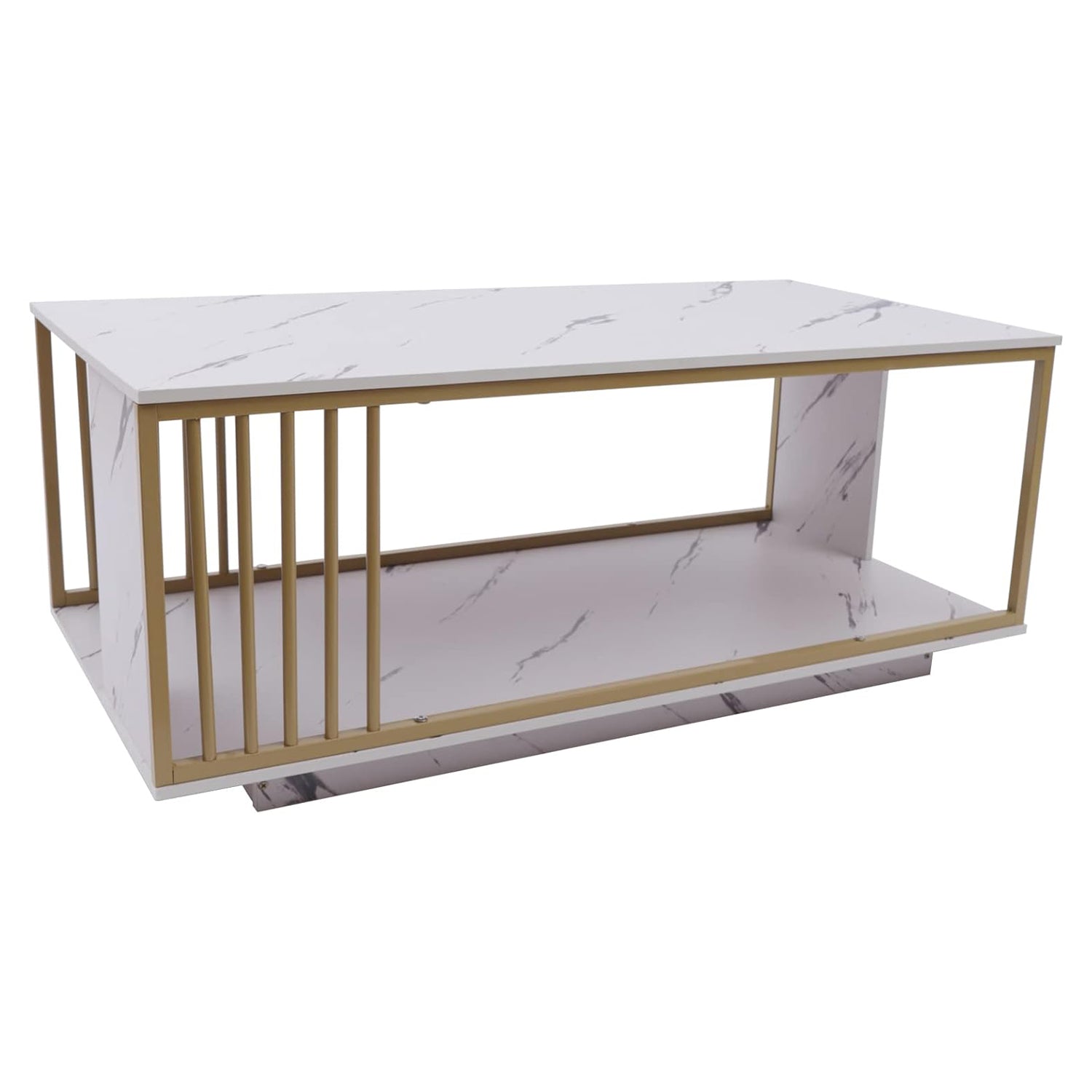 White Marble Veneer Coffee Table, 2 Tier Rectangular Coffee Table with Gold Frame Contemporary Center Table Waiting Area Table Sofa End Table for Living Room