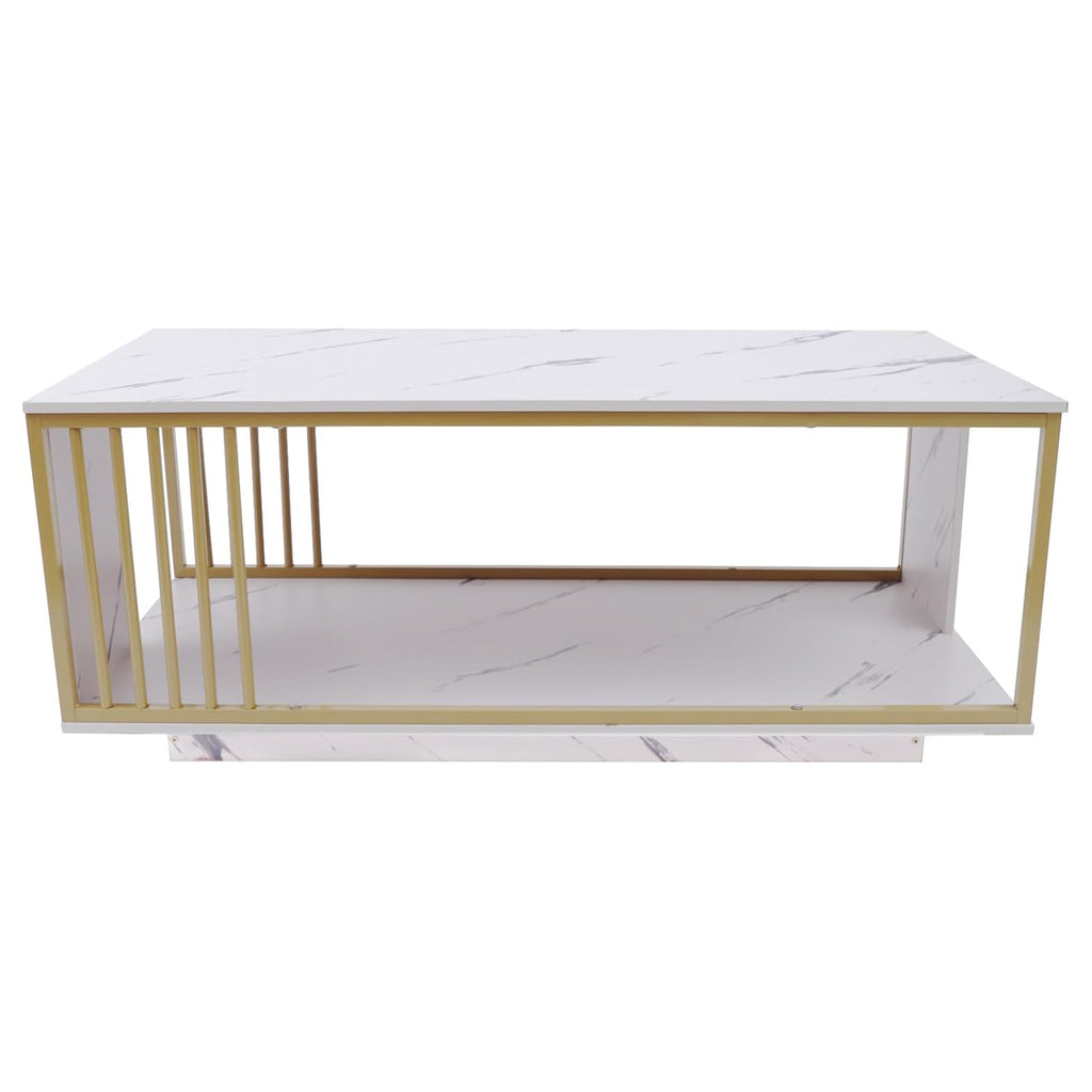 White Marble Veneer Coffee Table, 2 Tier Rectangular Coffee Table with Gold Frame Contemporary Center Table Waiting Area Table Sofa End Table for Living Room