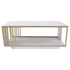 White Marble Veneer Coffee Table, 2 Tier Rectangular Coffee Table with Gold Frame Contemporary Center Table Waiting Area Table Sofa End Table for Living Room