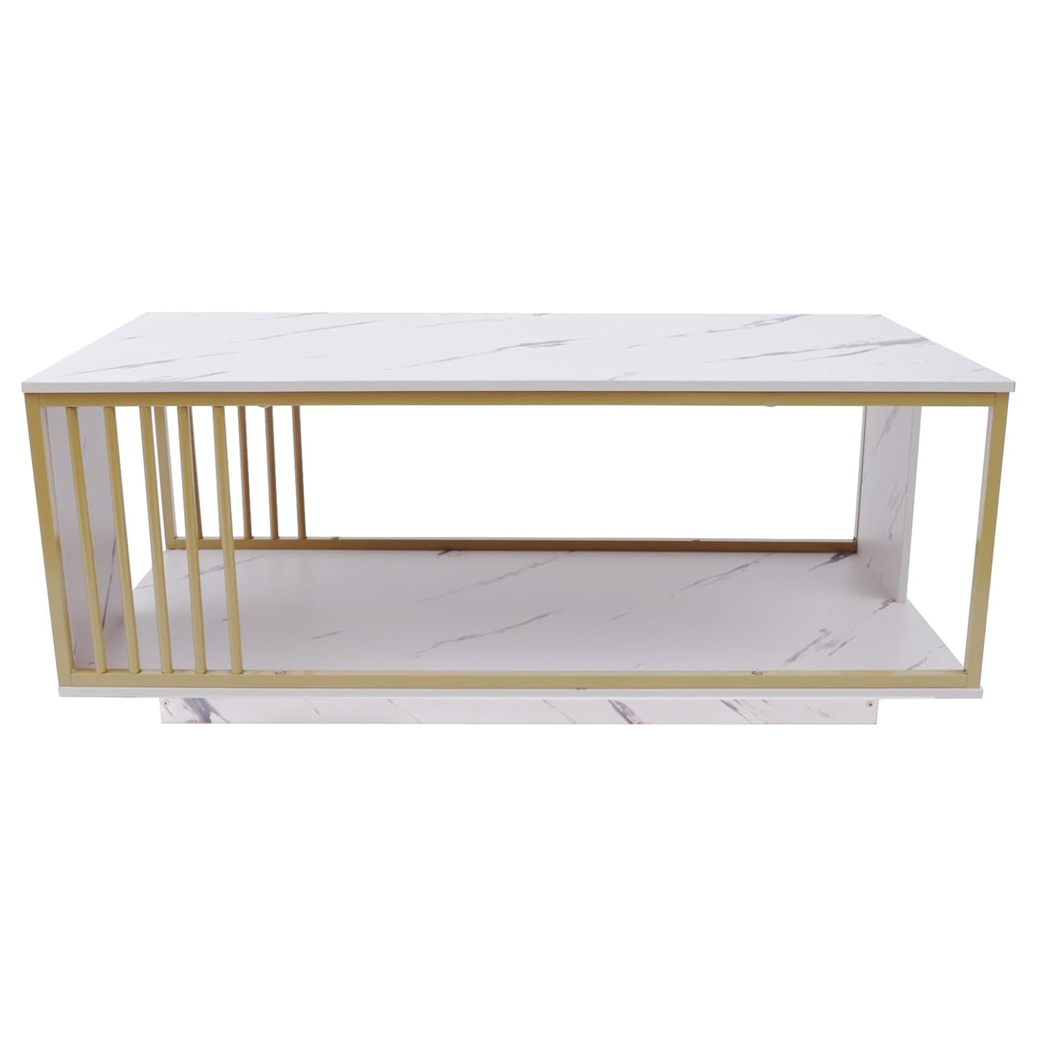 White Marble Veneer Coffee Table, 2 Tier Rectangular Coffee Table with Gold Frame Contemporary Center Table Waiting Area Table Sofa End Table for Living Room