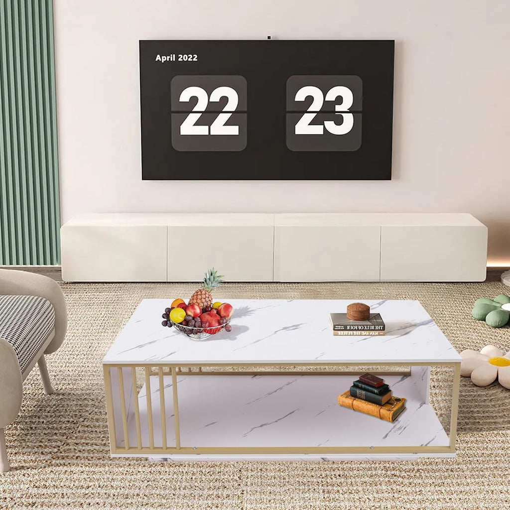White Marble Veneer Coffee Table, 2 Tier Rectangular Coffee Table with Gold Frame Contemporary Center Table Waiting Area Table Sofa End Table for Living Room