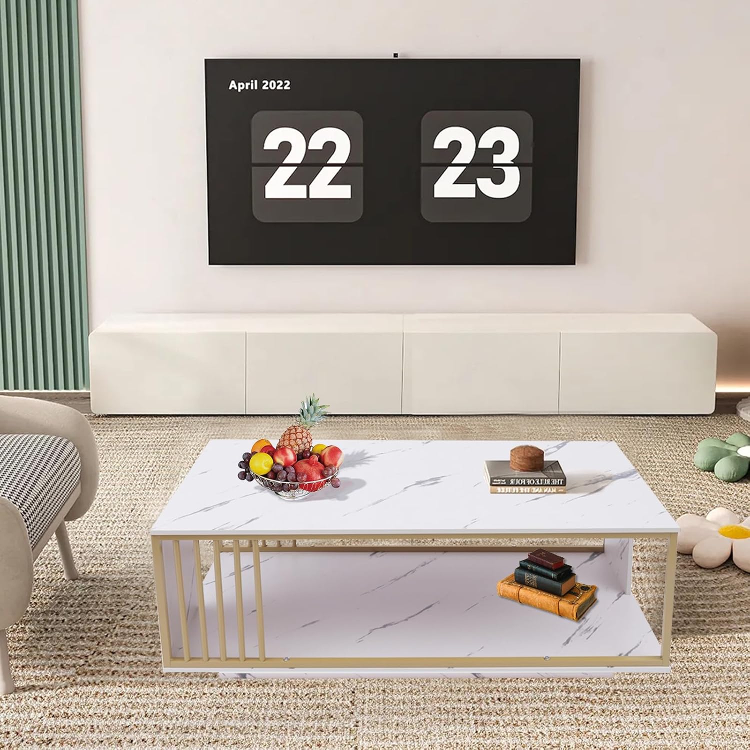 White Marble Veneer Coffee Table, 2 Tier Rectangular Coffee Table with Gold Frame Contemporary Center Table Waiting Area Table Sofa End Table for Living Room