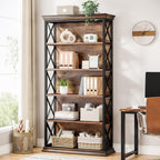 6-Tier Bookcase, 71 Inches Industrial Bookshelves and Bookcases, Floor Standing 5 Shelf Display Storage Shelves Tall Bookcase for Home Office, Living Room, Bed Room, Brown and Black