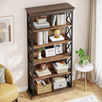 6-Tier Bookcase, 71 Inches Industrial Bookshelves and Bookcases, Floor Standing 5 Shelf Display Storage Shelves Tall Bookcase for Home Office, Living Room, Bed Room, Brown and Black