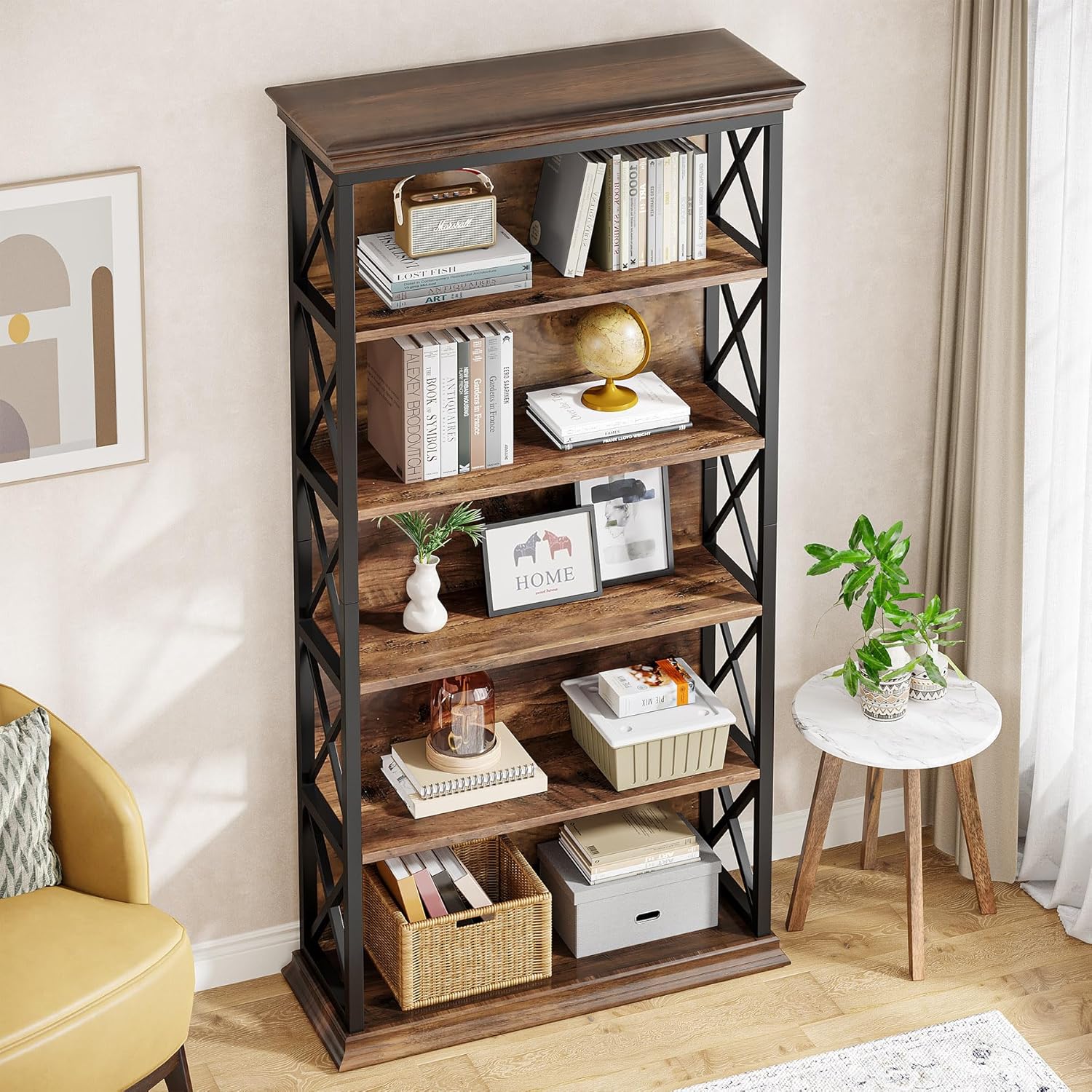 6-Tier Bookcase, 71 Inches Industrial Bookshelves and Bookcases, Floor Standing 5 Shelf Display Storage Shelves Tall Bookcase for Home Office, Living Room, Bed Room, Brown and Black