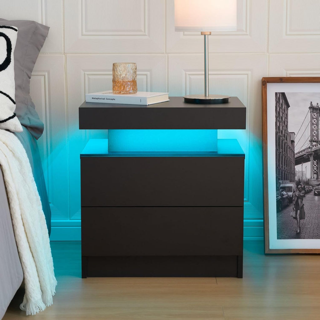 Bedside Table with 2 Drawers, LED Nightstand Wooden Cabinet Unit with LED Lights for Bedroom, End Table Side Table for Bedroom Living Room