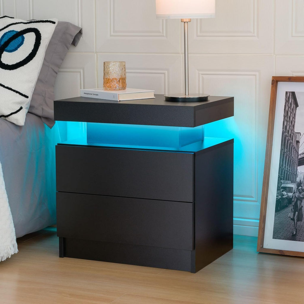 Bedside Table with 2 Drawers, LED Nightstand Wooden Cabinet Unit with LED Lights for Bedroom, End Table Side Table for Bedroom Living Room