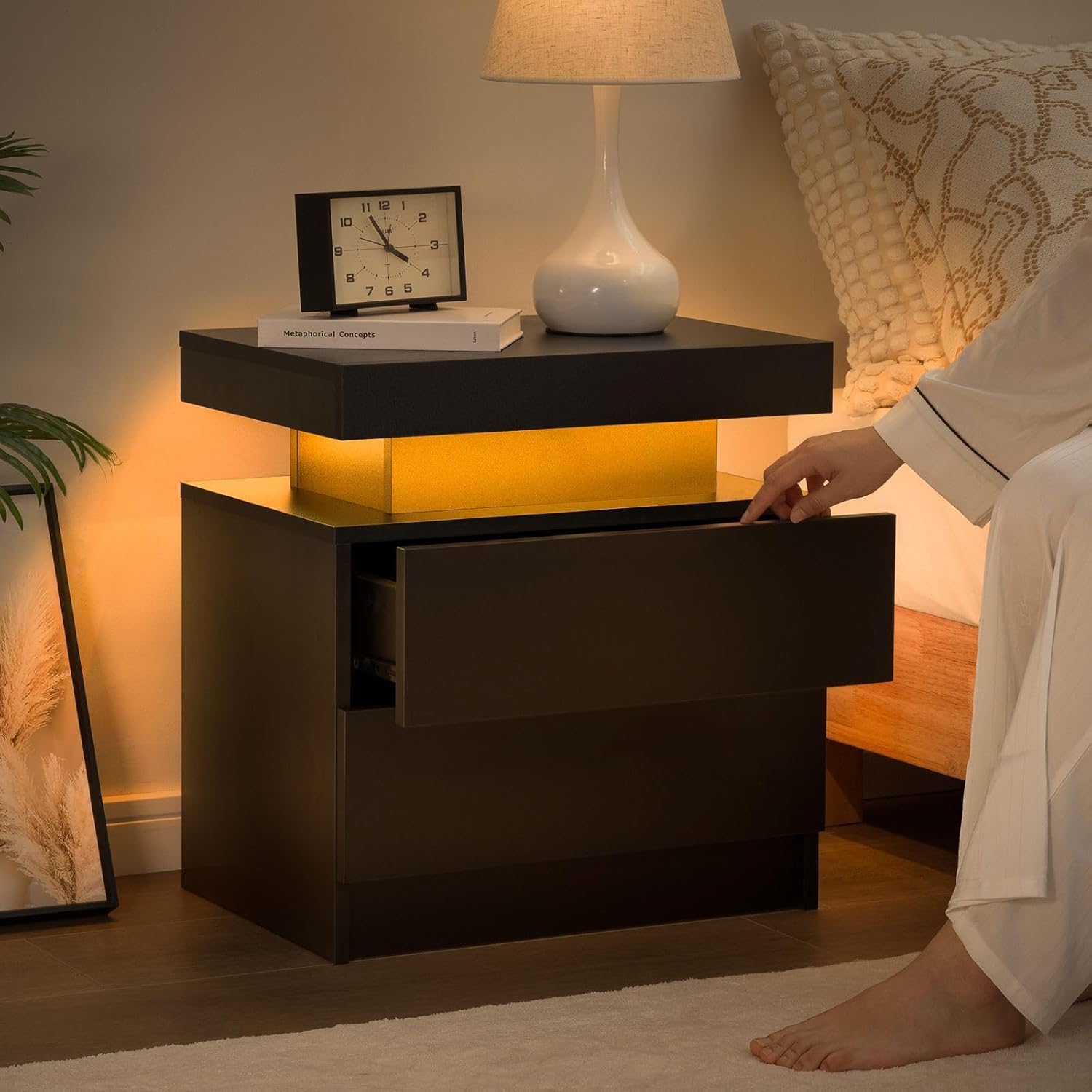 Bedside Table with 2 Drawers, LED Nightstand Wooden Cabinet Unit with LED Lights for Bedroom, End Table Side Table for Bedroom Living Room