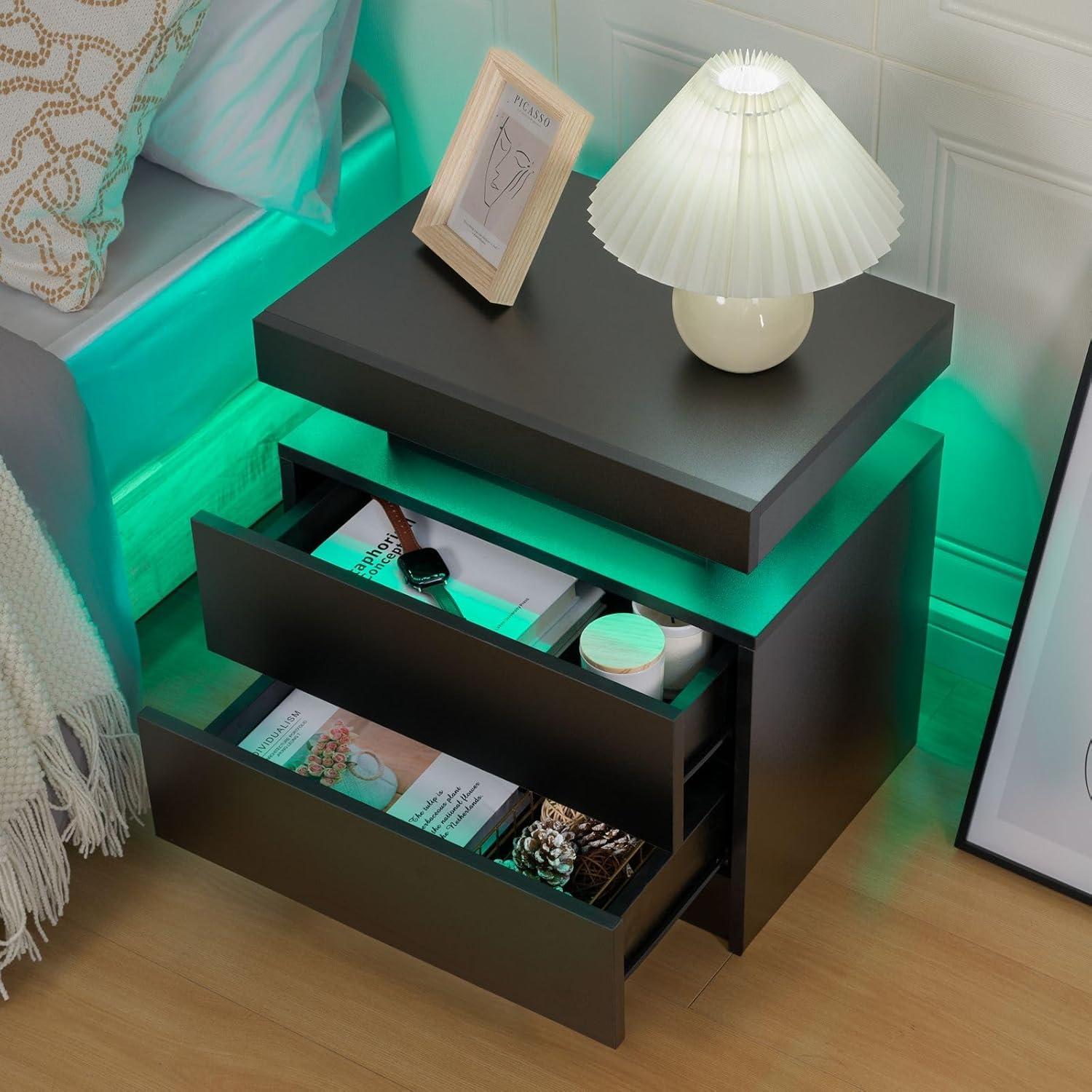 Bedside Table with 2 Drawers, LED Nightstand Wooden Cabinet Unit with LED Lights for Bedroom, End Table Side Table for Bedroom Living Room