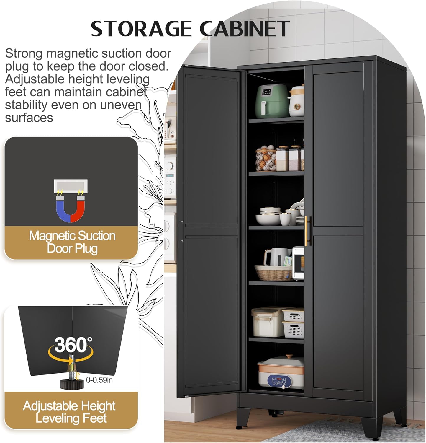 75.2" Tall Storage Cabinet, Pantry Storage Cabinets with 2 Door and 5 Adjustable Shelves, Black Kitchen Food Cabinet, Metal Utility Cabinets for Kitchen, Dinning Room, Laundry Room