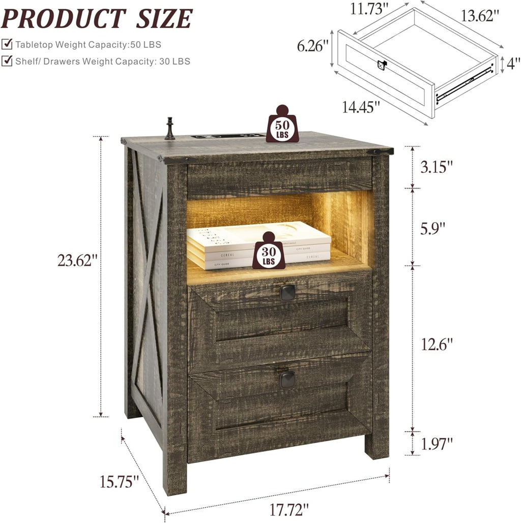 Farmhouse LED Nightstand with Gun Drawer & Invisible Lock, Modern Bedside Table with Human Sensor Design, Rustic Side Table with Wireless Charging