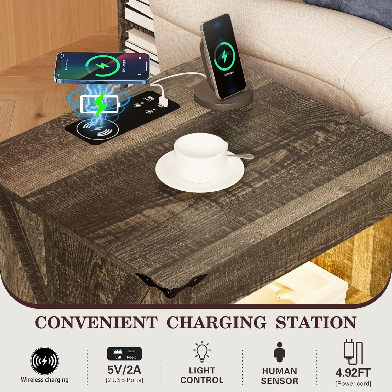 Farmhouse LED Nightstand with Gun Drawer & Invisible Lock, Modern Bedside Table with Human Sensor Design, Rustic Side Table with Wireless Charging