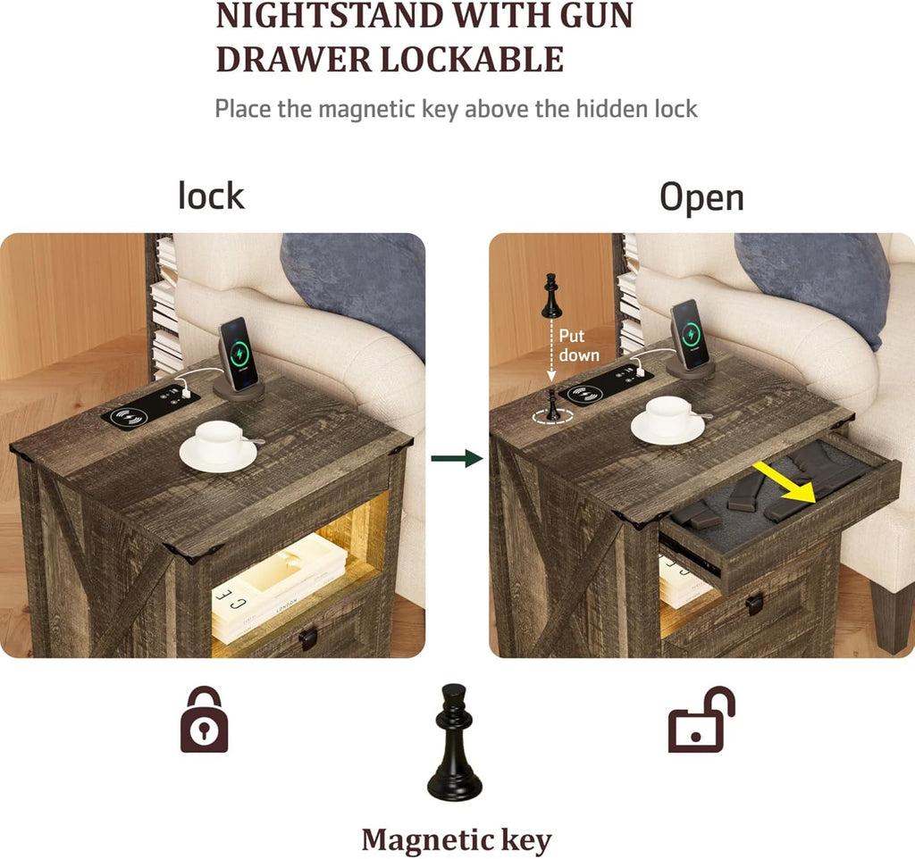 Farmhouse LED Nightstand with Gun Drawer & Invisible Lock, Modern Bedside Table with Human Sensor Design, Rustic Side Table with Wireless Charging