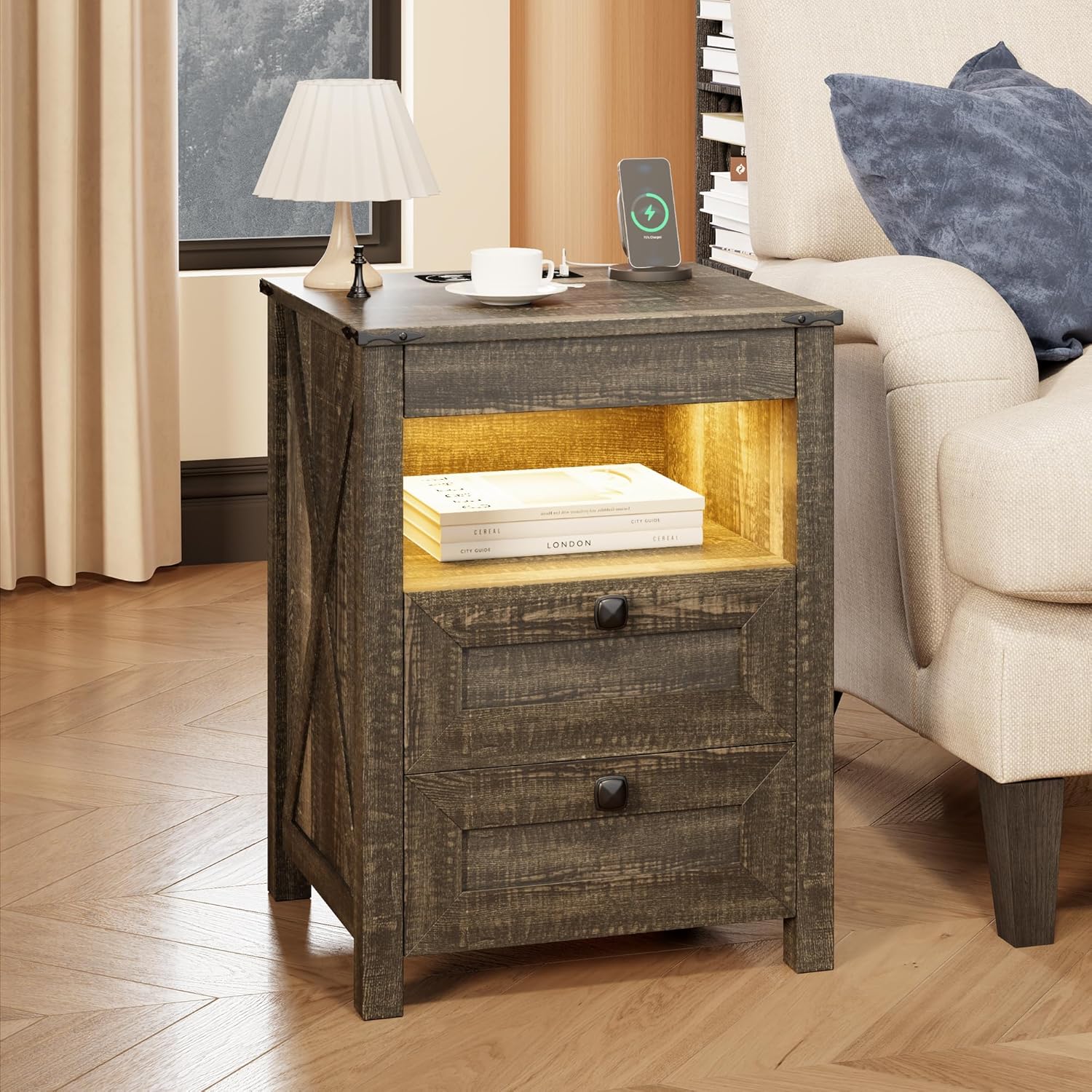 Farmhouse LED Nightstand with Gun Drawer & Invisible Lock, Modern Bedside Table with Human Sensor Design, Rustic Side Table with Wireless Charging