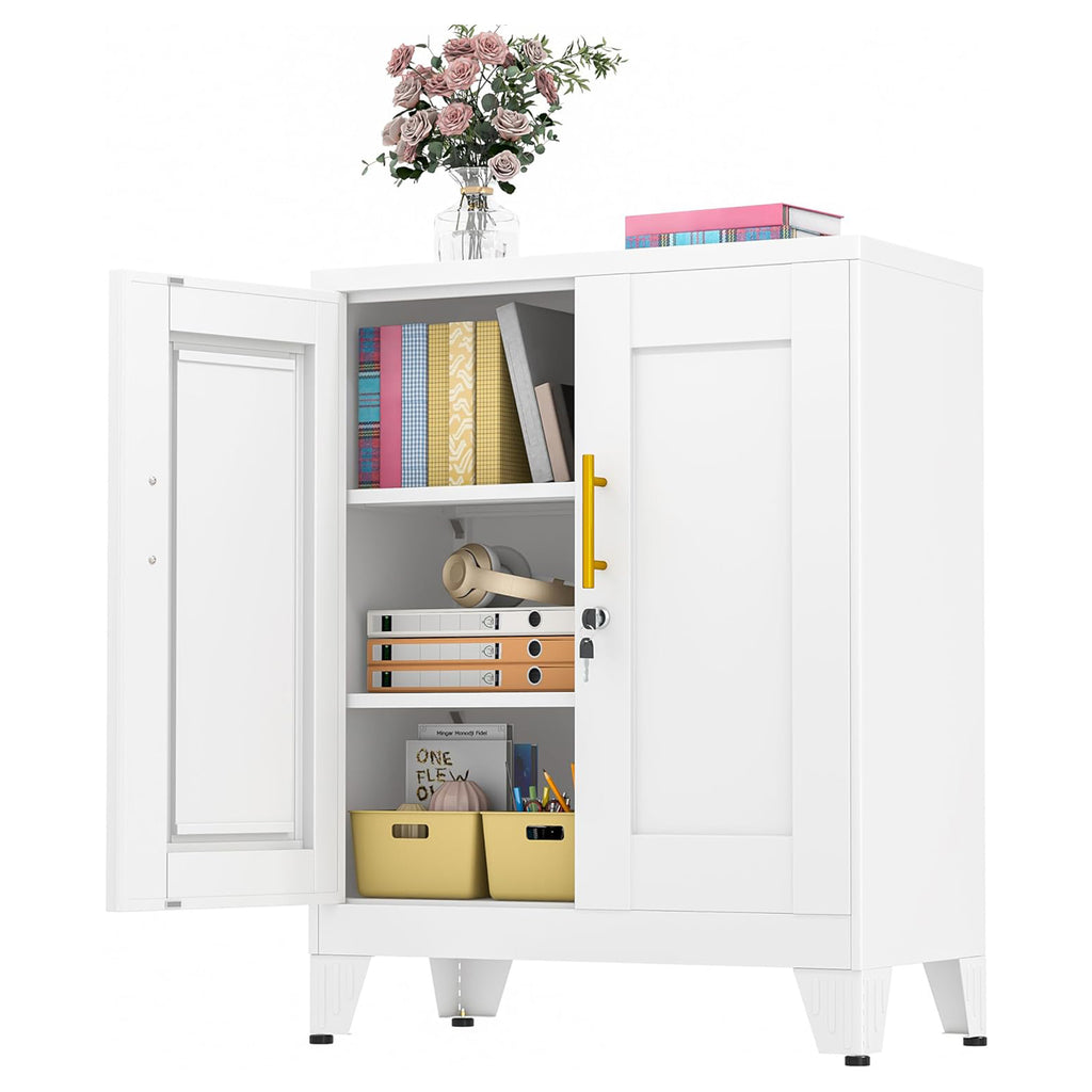 36" Metal Floor Storage Cabinet, Locked Steel Storage Cabinets with 2 Doors and 2 Adjustable Shelves, White Kitchen Cabinet, Freestanding Cabinet