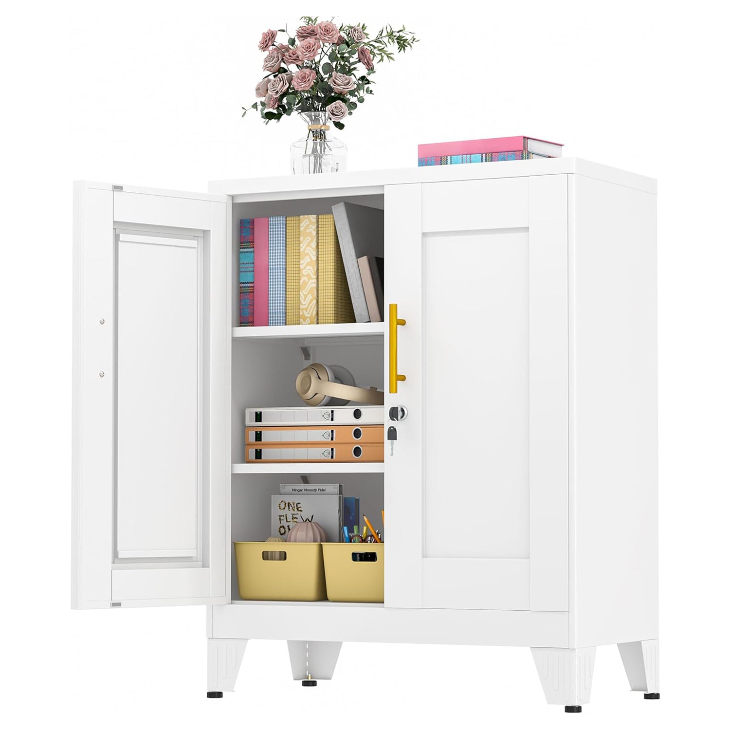 36" Metal Floor Storage Cabinet, Locked Steel Storage Cabinets with 2 Doors and 2 Adjustable Shelves, White Kitchen Cabinet, Freestanding Cabinet