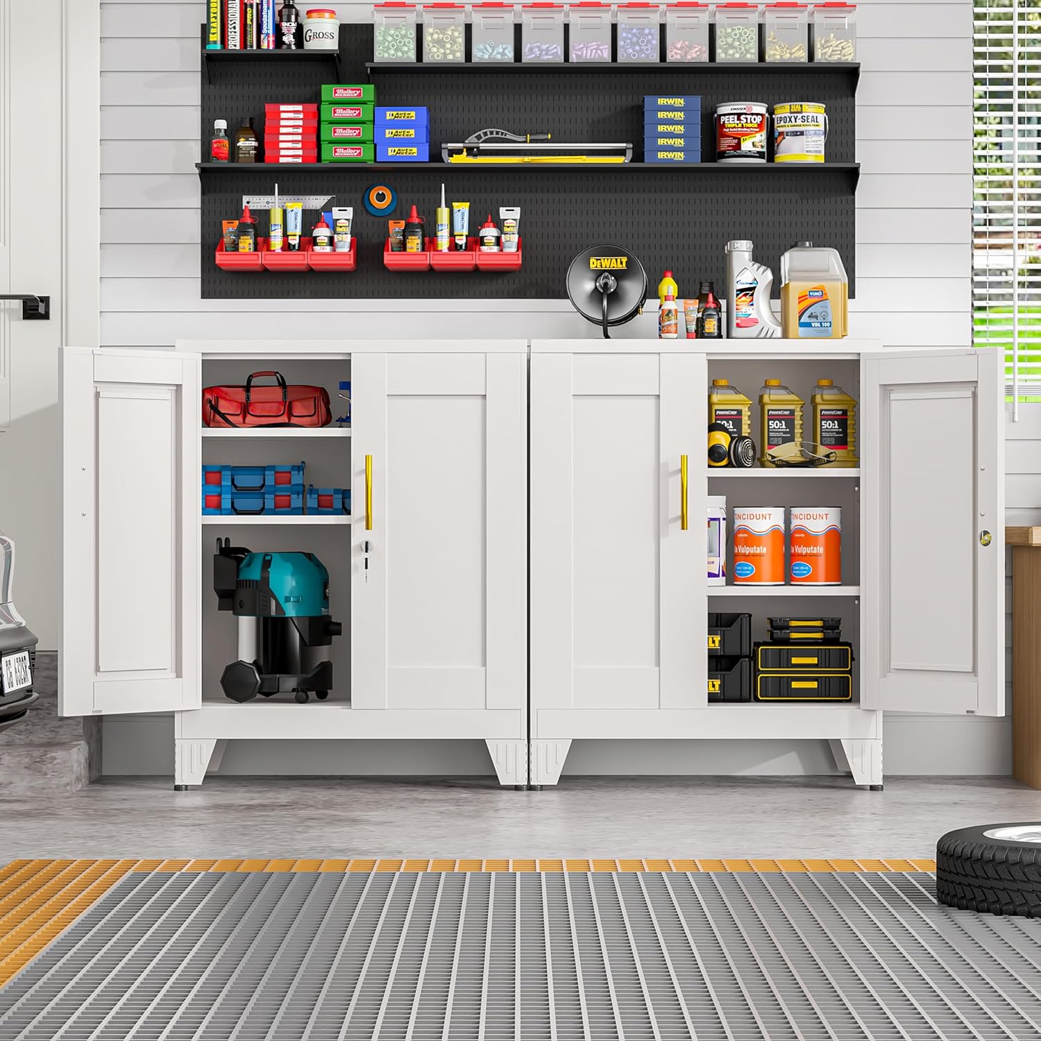 36" Metal Floor Storage Cabinet, Locked Steel Storage Cabinets with 2 Doors and 2 Adjustable Shelves, White Kitchen Cabinet, Freestanding Cabinet