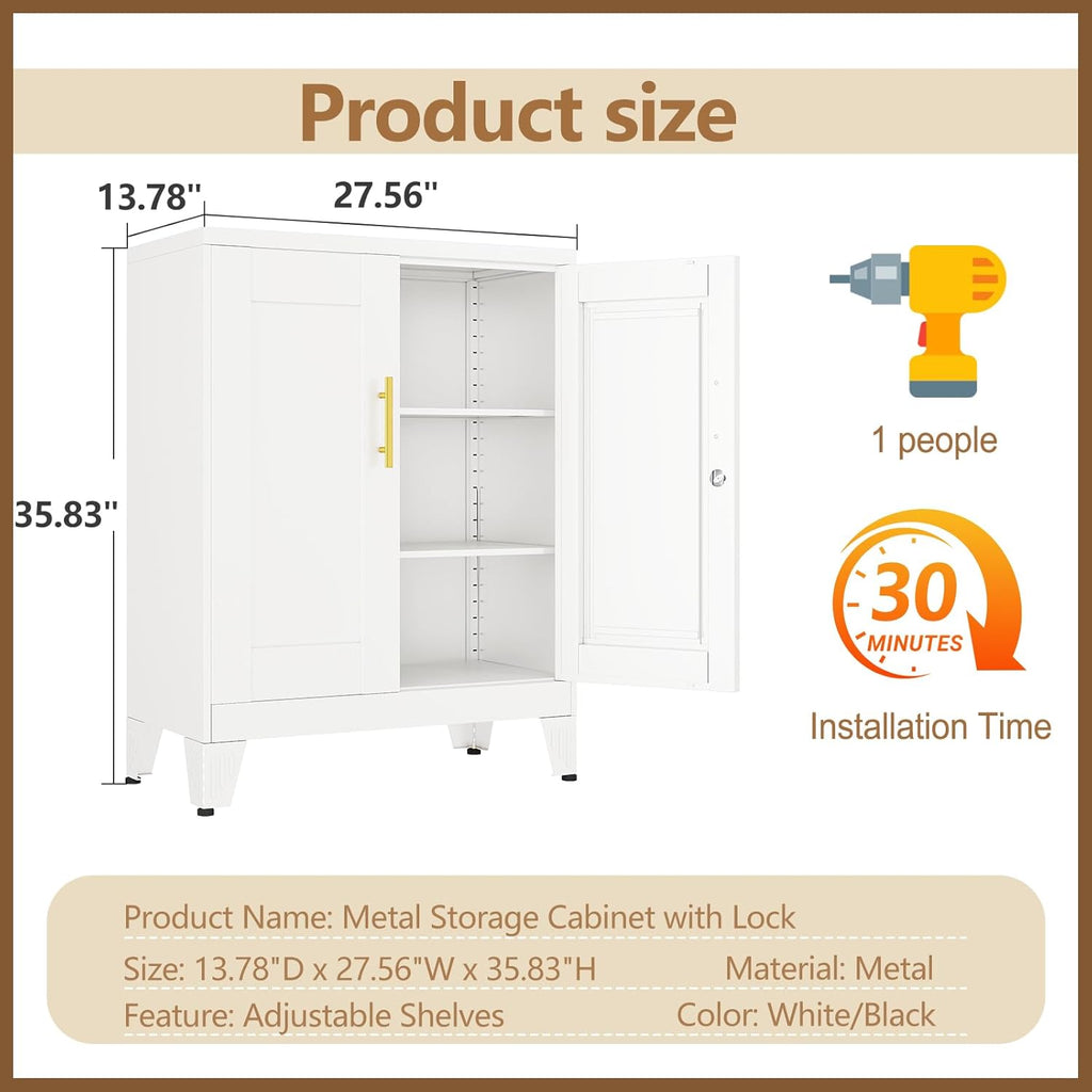 36" Metal Floor Storage Cabinet, Locked Steel Storage Cabinets with 2 Doors and 2 Adjustable Shelves, White Kitchen Cabinet, Freestanding Cabinet