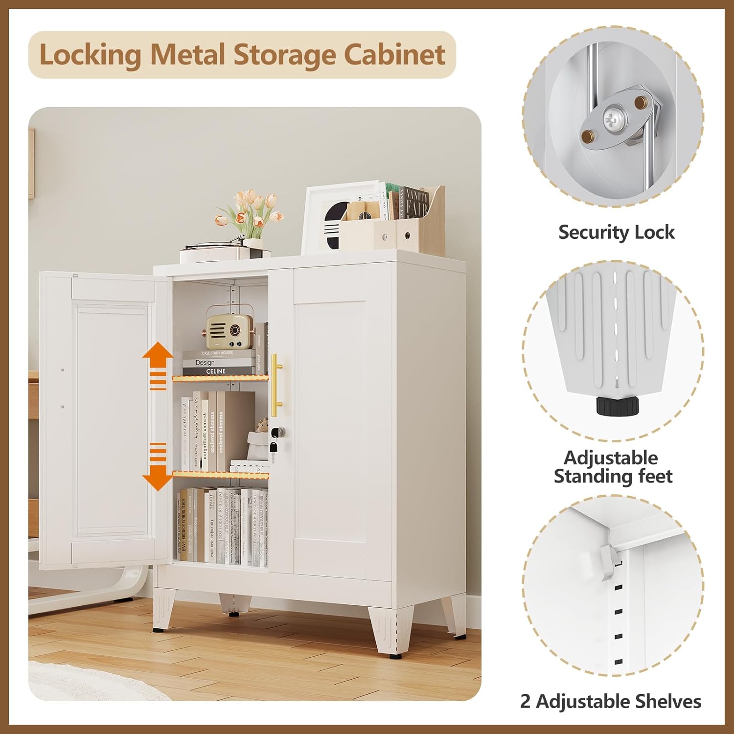 36" Metal Floor Storage Cabinet, Locked Steel Storage Cabinets with 2 Doors and 2 Adjustable Shelves, White Kitchen Cabinet, Freestanding Cabinet