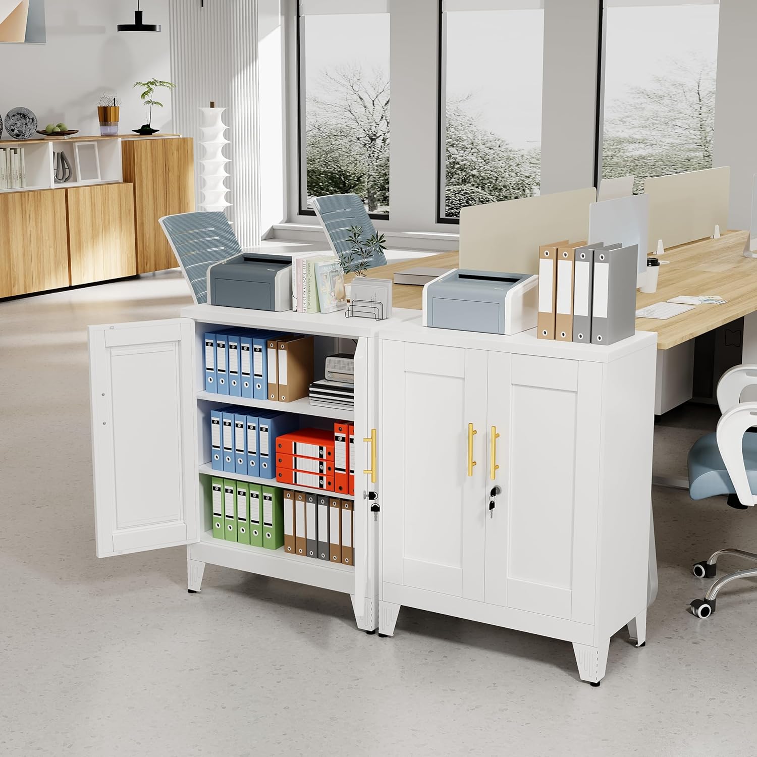 36" Metal Floor Storage Cabinet, Locked Steel Storage Cabinets with 2 Doors and 2 Adjustable Shelves, White Kitchen Cabinet, Freestanding Cabinet