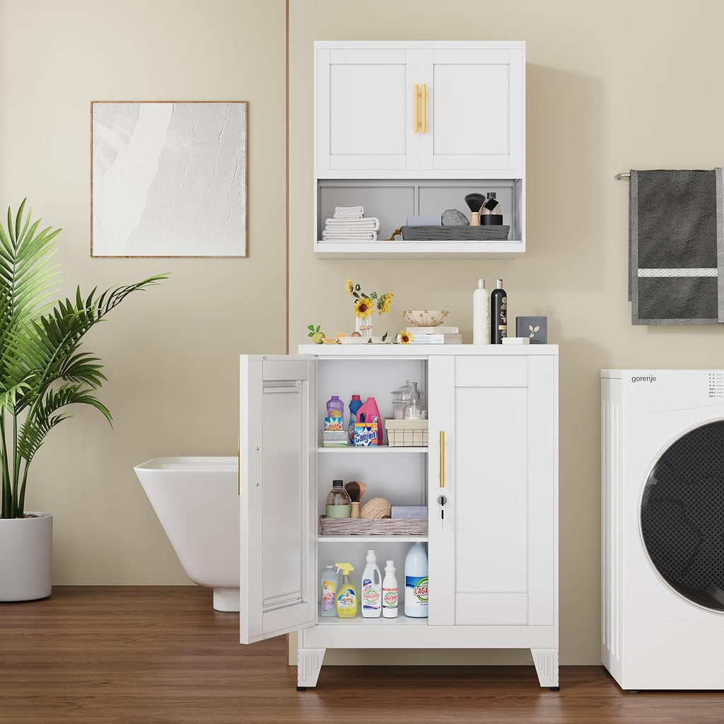 36" Metal Floor Storage Cabinet, Locked Steel Storage Cabinets with 2 Doors and 2 Adjustable Shelves, White Kitchen Cabinet, Freestanding Cabinet