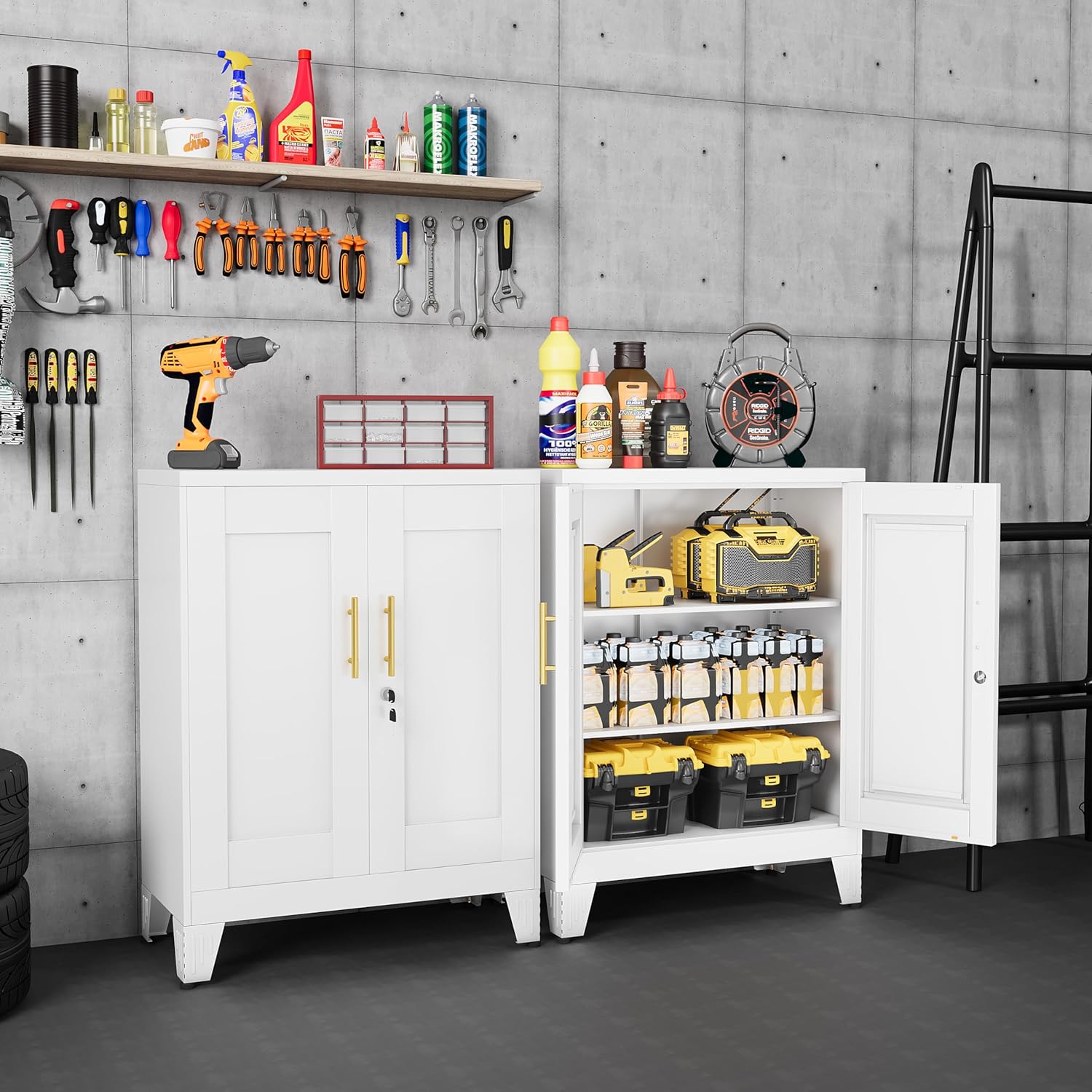 36" Metal Floor Storage Cabinet, Locked Steel Storage Cabinets with 2 Doors and 2 Adjustable Shelves, White Kitchen Cabinet, Freestanding Cabinet