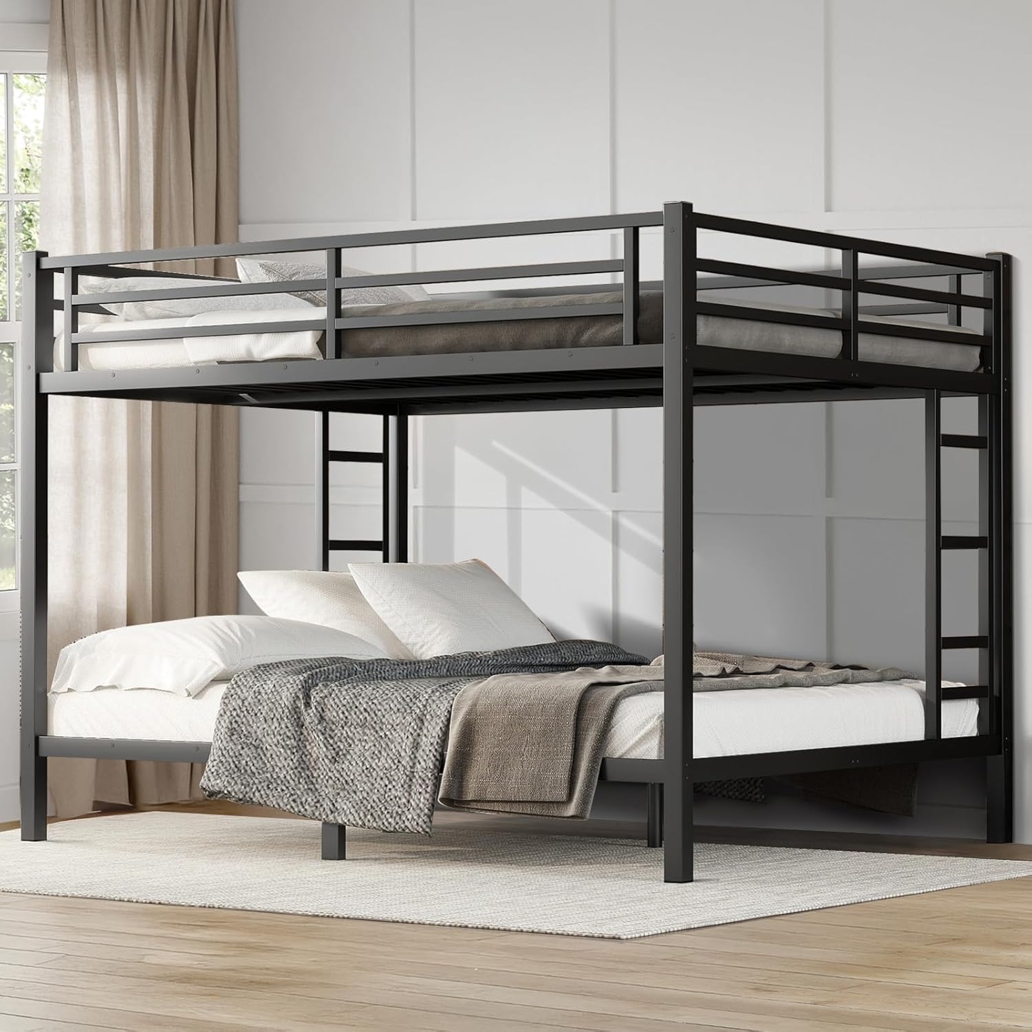 Queen Over Queen Bunk Bed, Metal Bunk Bed Frame Heavy Duty Bunk Beds Loft Bed Frame with Ladder and Guardrail Metal Slats