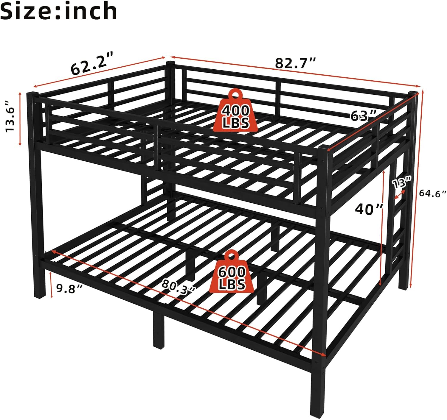 Queen Over Queen Bunk Bed, Metal Bunk Bed Frame Heavy Duty Bunk Beds Loft Bed Frame with Ladder and Guardrail Metal Slats