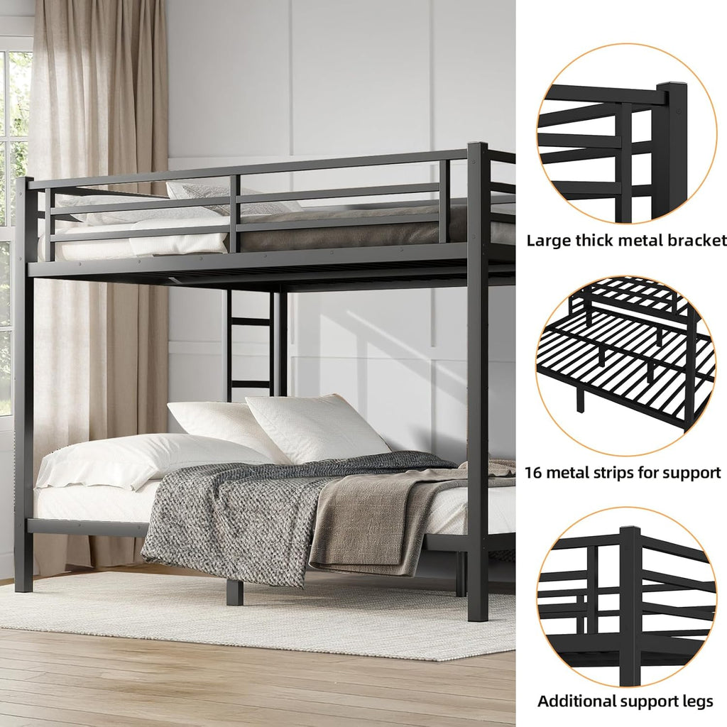 Queen Over Queen Bunk Bed, Metal Bunk Bed Frame Heavy Duty Bunk Beds Loft Bed Frame with Ladder and Guardrail Metal Slats