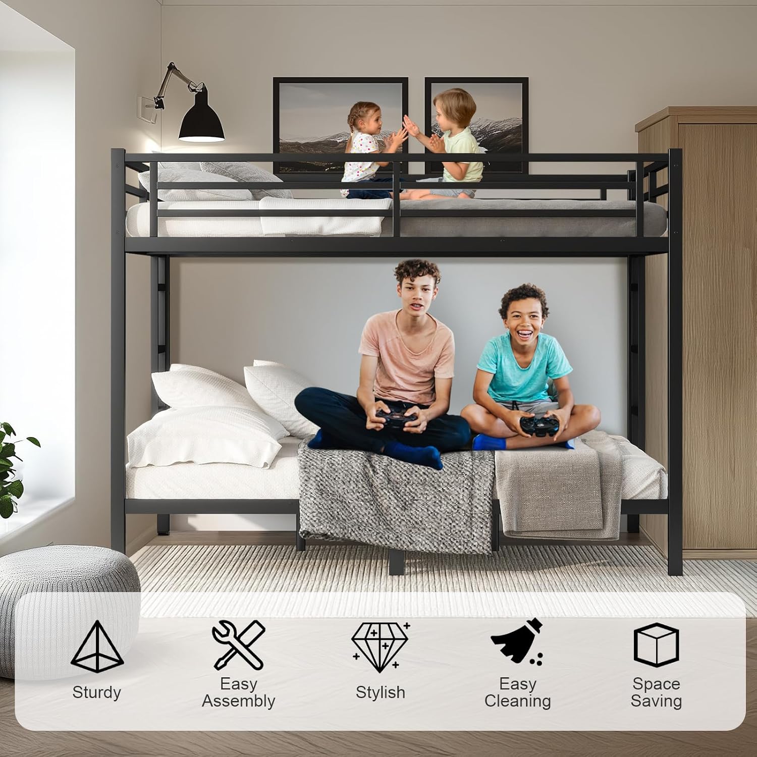 Queen Over Queen Bunk Bed, Metal Bunk Bed Frame Heavy Duty Bunk Beds Loft Bed Frame with Ladder and Guardrail Metal Slats
