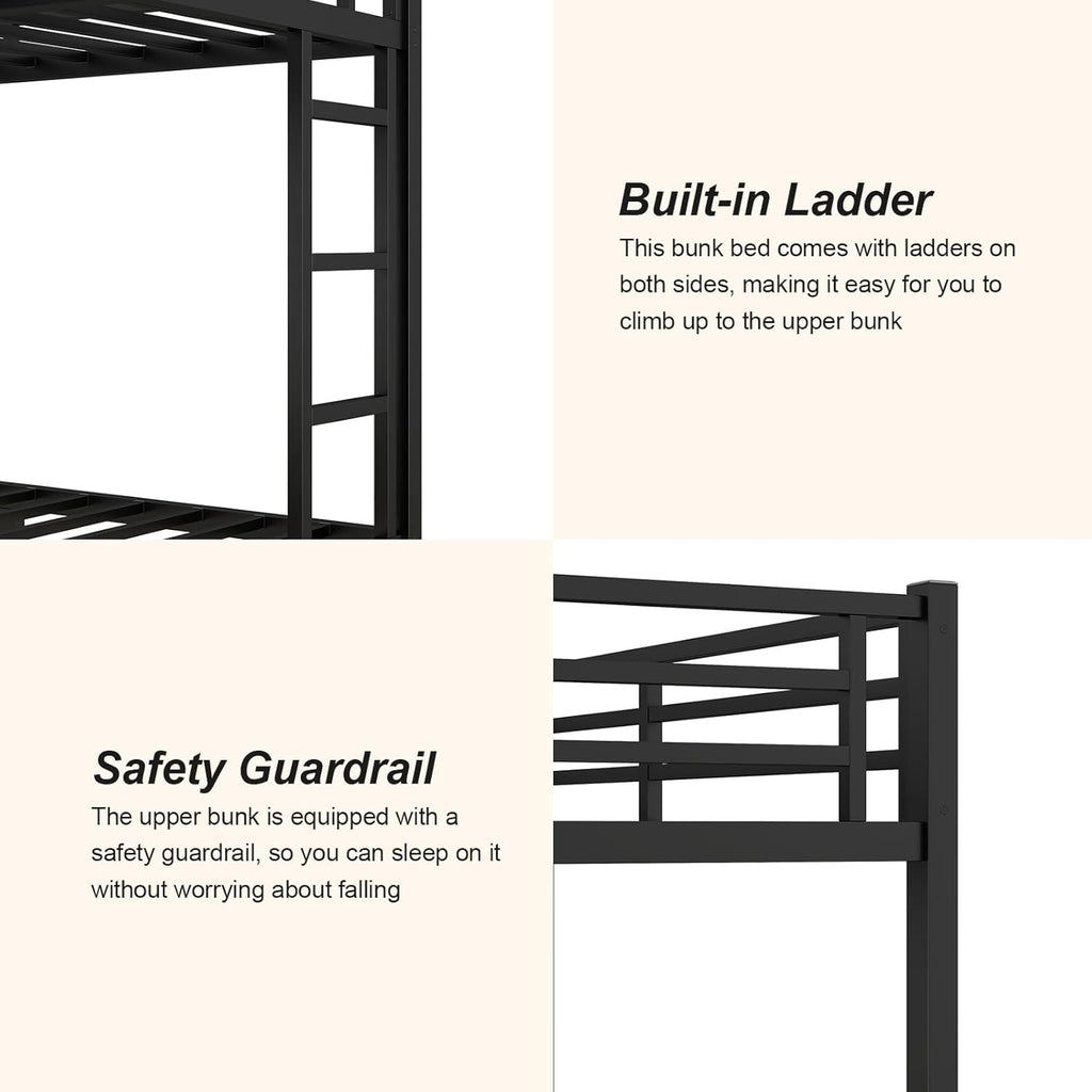 Queen Over Queen Bunk Bed, Metal Bunk Bed Frame Heavy Duty Bunk Beds Loft Bed Frame with Ladder and Guardrail Metal Slats