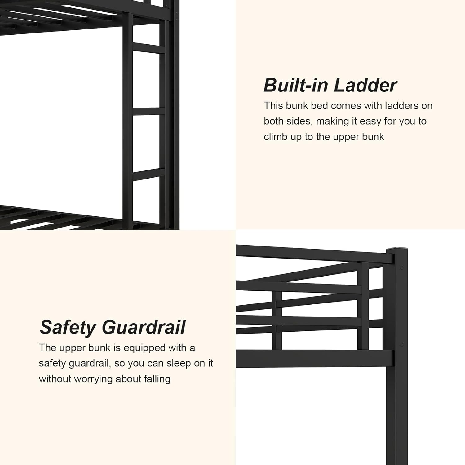 Queen Over Queen Bunk Bed, Metal Bunk Bed Frame Heavy Duty Bunk Beds Loft Bed Frame with Ladder and Guardrail Metal Slats