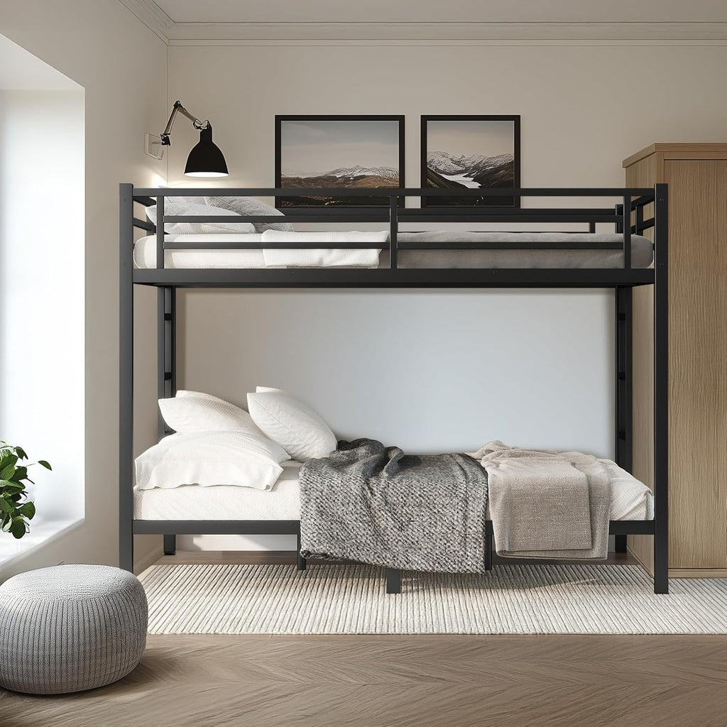 Queen Over Queen Bunk Bed, Metal Bunk Bed Frame Heavy Duty Bunk Beds Loft Bed Frame with Ladder and Guardrail Metal Slats