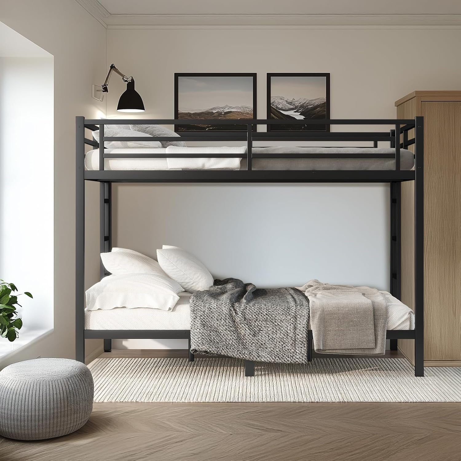 Queen Over Queen Bunk Bed, Metal Bunk Bed Frame Heavy Duty Bunk Beds Loft Bed Frame with Ladder and Guardrail Metal Slats