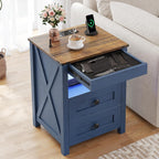 Farmhouse LED Nightstand with Gun Drawer & Invisible Lock, Modern Bedside Table with Human Sensor Design, Rustic Side Table with Wireless Charging