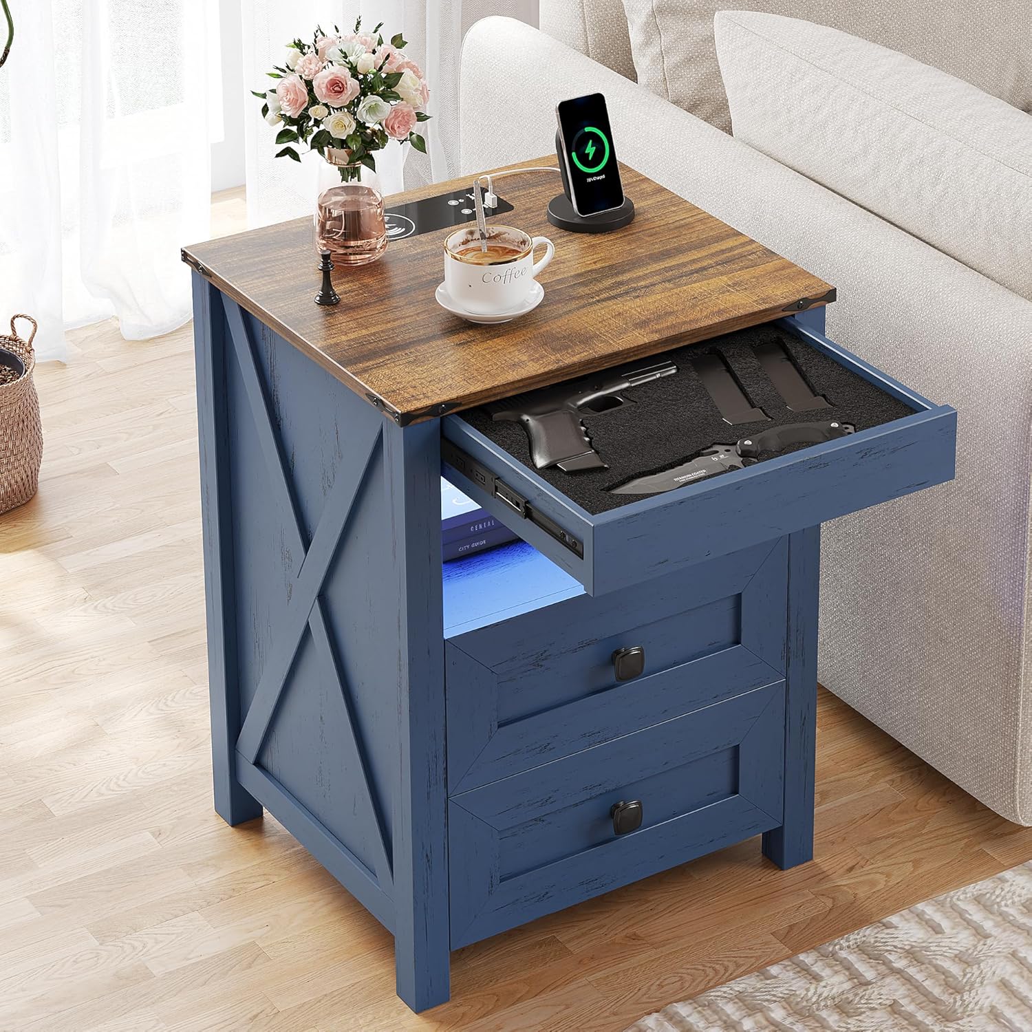Farmhouse LED Nightstand with Gun Drawer & Invisible Lock, Modern Bedside Table with Human Sensor Design, Rustic Side Table with Wireless Charging