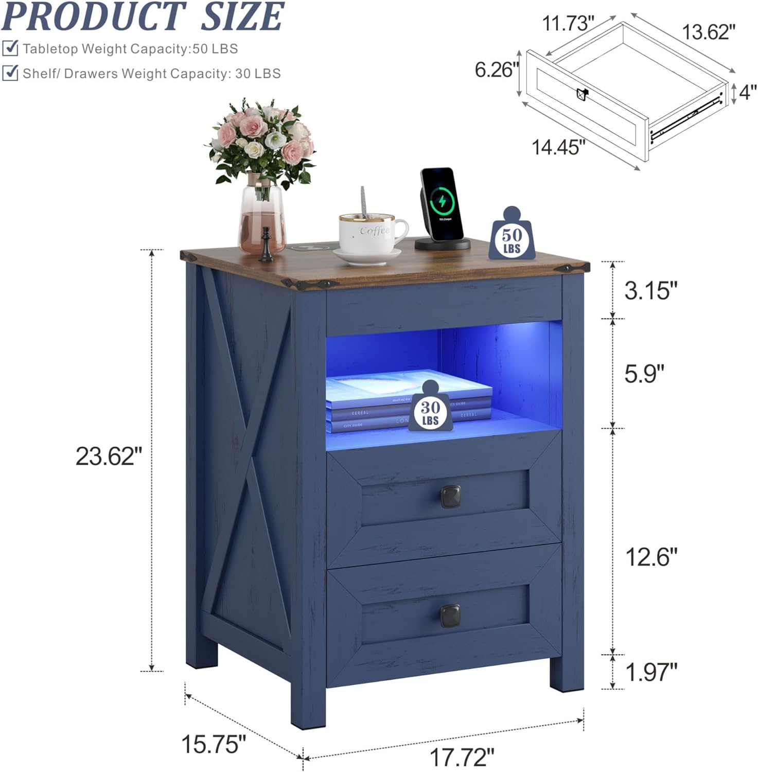 Farmhouse LED Nightstand with Gun Drawer & Invisible Lock, Modern Bedside Table with Human Sensor Design, Rustic Side Table with Wireless Charging