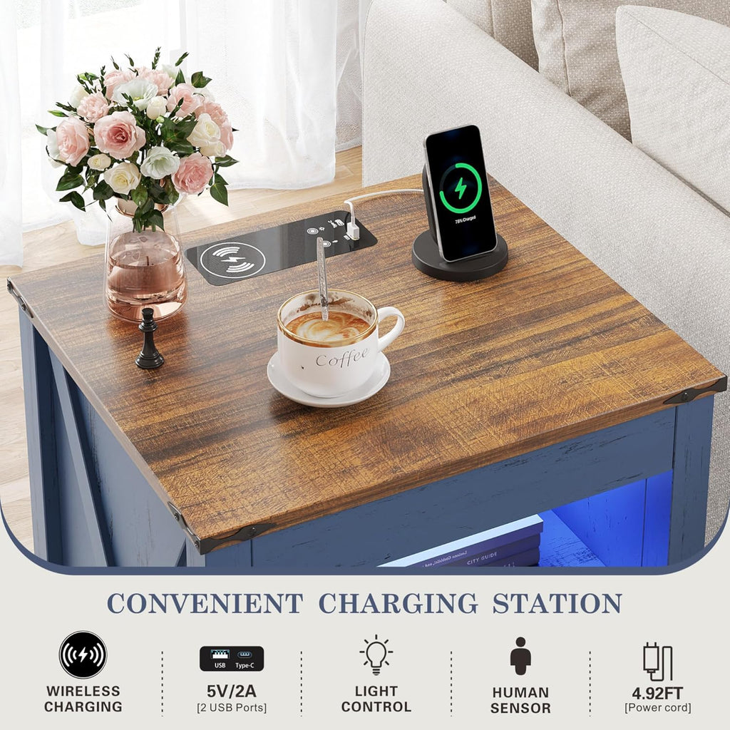 Farmhouse LED Nightstand with Gun Drawer & Invisible Lock, Modern Bedside Table with Human Sensor Design, Rustic Side Table with Wireless Charging