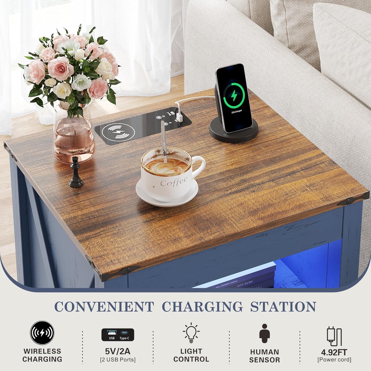 Farmhouse LED Nightstand with Gun Drawer & Invisible Lock, Modern Bedside Table with Human Sensor Design, Rustic Side Table with Wireless Charging
