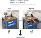 Farmhouse LED Nightstand with Gun Drawer & Invisible Lock, Modern Bedside Table with Human Sensor Design, Rustic Side Table with Wireless Charging