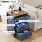 Farmhouse LED Nightstand with Gun Drawer & Invisible Lock, Modern Bedside Table with Human Sensor Design, Rustic Side Table with Wireless Charging