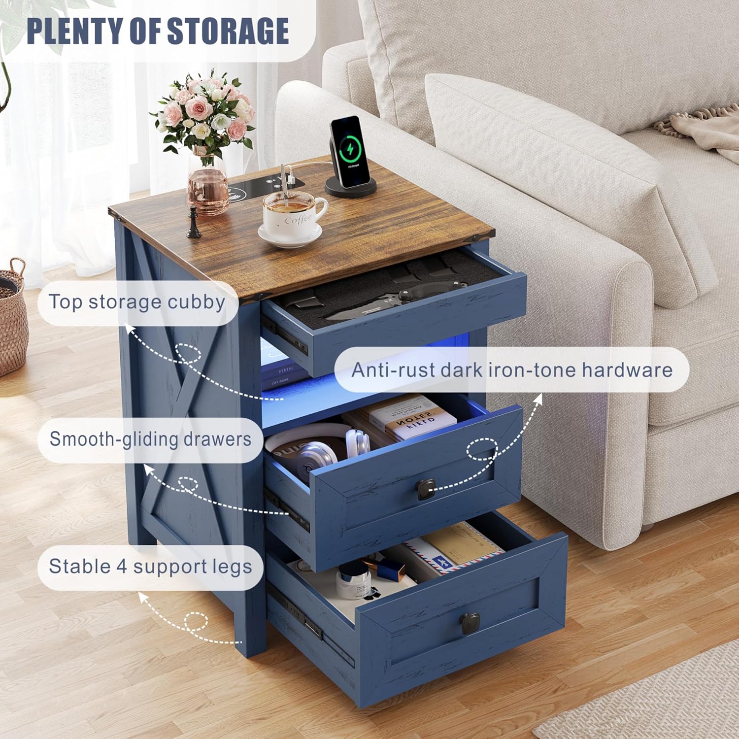 Farmhouse LED Nightstand with Gun Drawer & Invisible Lock, Modern Bedside Table with Human Sensor Design, Rustic Side Table with Wireless Charging